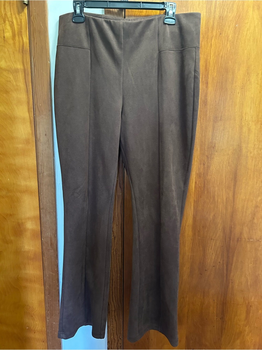 Faux Suede Stretch Ponte Bootcut Pants in Chocolate Brown